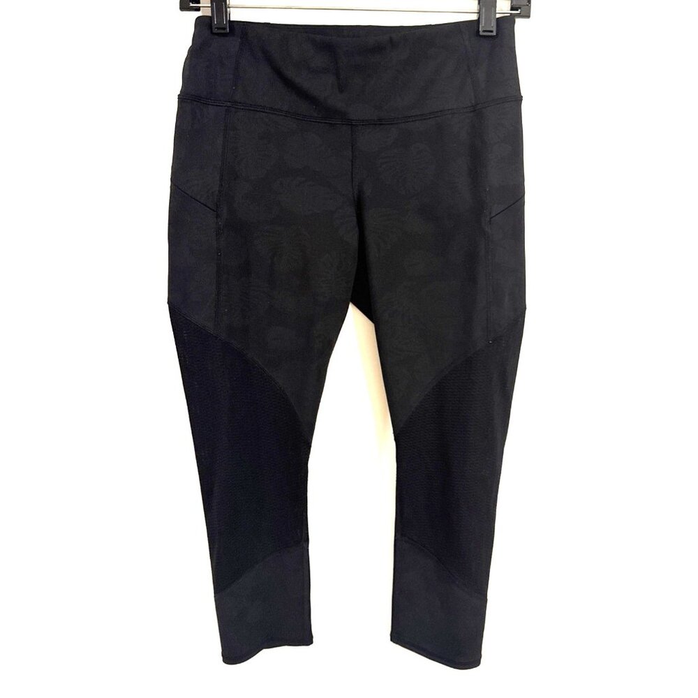 ATHLETA Black Cropped Leggings Side Pockets Mesh & Leaf Print